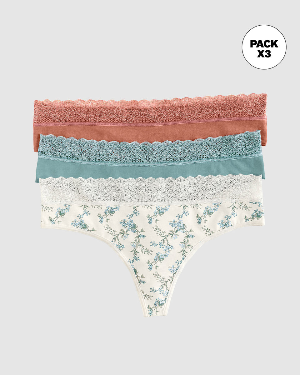 Paquete x3 tangas en algodón elástico con detalle en encaje