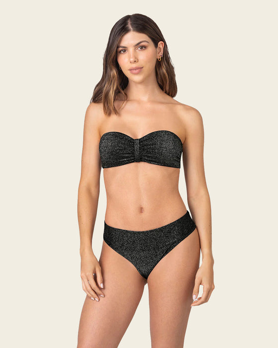 Bikini en tela brillante sin tirantes y braga de laterales anchos#color_701-negro