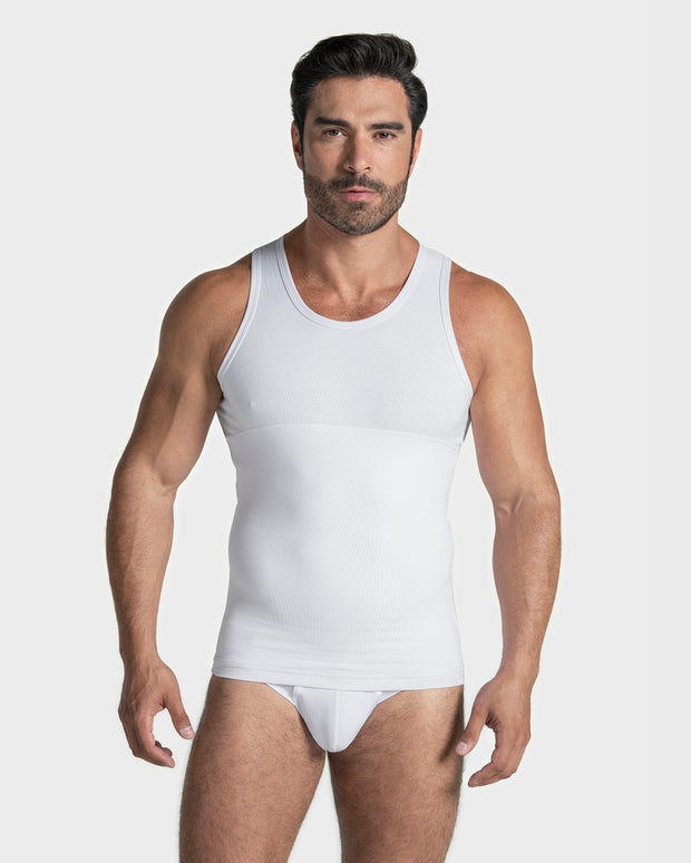 Camiseta de compresión moderada en abdomen y zona lumbar en algodón elástico#color_000-blanco