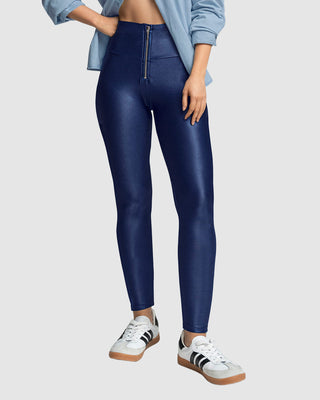 Legging con cierre de compresión en abdomen en imitación cuero#color_c41-azul-medio